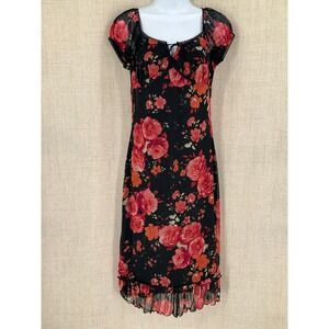 Vtg Floral Mesh Midi Dress Sz L Babydoll Lace Trim Dark Romantic Whimsigoth Boho